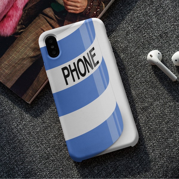 Cornishware Inspired Phone Case, Blue and White Stripes, with word PHONE in style of Cornishware ceramics. Image of edge of curved mug.