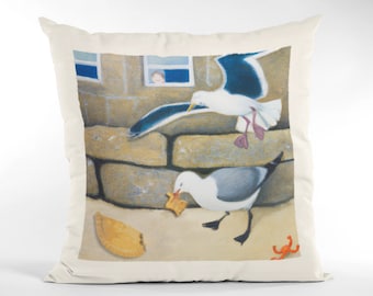 Cornwall Cushion, Seagull Eating a Pasty, Linen, Double Sided, 18x18", St Ives, Cornish Pillow, Newlyn School Style, Cornish Pasty