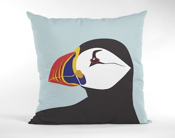 Puffin Cushion, Puffin Pillow, blue, Linen, Double Sided, 18x18"