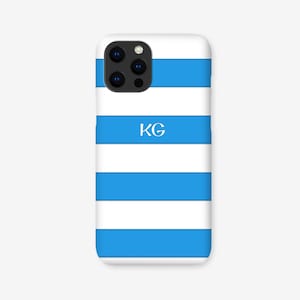Cornishware geïnspireerd telefoonhoesje, gepersonaliseerd monogram, blauw en wit gestreept, cornish blauw, optionele emblemen chough, pasteitje, jam eerst ...