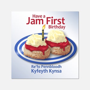Kornische Geburtstagskarte, Marmelade zuerst, clotted cream, Cornishware, Cornishware, blaue Streifen, Kornische Sprache, Scone, Sahnetee