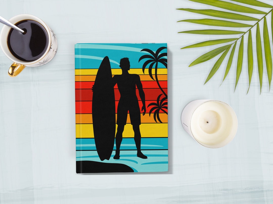 Surfer Journal, Retro Vintage Sunset With Silouette of Surfer, 70s ...