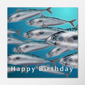 Carte d'anniversaire de poisson, maquereau brillant, poisson, haut-fond, pêche, carte pour pêcheur, carte pour pêcheur à la ligne, carte de Cornouailles, poisson nageant