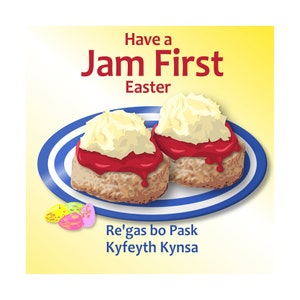 Cartolina di Pasqua della Cornovaglia - Avere una 'marmellata prima' Pasqua, Cornishware, Cornish Cream Tea con marmellata prima, Scones, Clotted Cream, Lingua della Cornovaglia