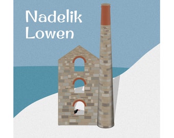 Cornish Christmas Card Tin Mine Engine House on a Cliff in the Snow. Cornish Language: Nadelik Lowen. Jynnji.