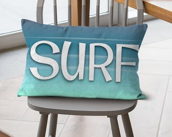 Surfing Cushion, Surf Pillow, Beach House Decor, Groovy Surf Design, Linen, 19"x13", Turquoise Sea and Waves