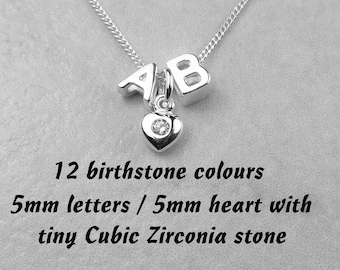 Sterling silver small/dainty/tiny 5mm slider/floating initial/capital letters & 5mm heart with CZ birthstone necklace in a gift box