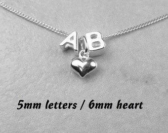 Sterling silver small/dainty/tiny 5mm slider/floating initial/capital letters & 6mm heart necklace, in a gift box