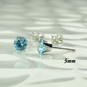 5mm sterling silver or 14k gold filled faceted Cubic Zirconia stud post/butterfly earrings, in a g/box - Light Blue March Aquamarine colour