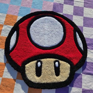 Handmade Custom Rugs || Retro Game Red Mushroom || Handmade Acrylic Yarn (30in)