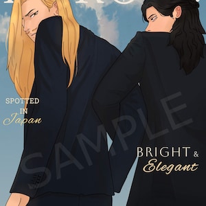 May include: Two men in black suits, one with long blonde hair and the other with short black hair, are featured on a magazine cover. The magazine is titled "HEROES TODAY" and the text "SPOTTED IN Japan" is below the men. The text "BRIGHT & Elegant" is on the right side of the image. The text "TOP 5 Most Fashionable MEN" is at the bottom of the image.