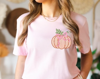 Coquette Fall Pocket Size Shirt, Fall Pumpkin Coquette Bow T-Shirt, Coquette Halloween Shirt, Women Pumpkin Patch Crew Tee, Grandma Gift Tee