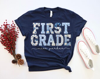 First Grade Teacher Shirt 1st Grade Matching Group T-Shirt, Floral Blue Faux Patchwork Educator Back to School Team Tee