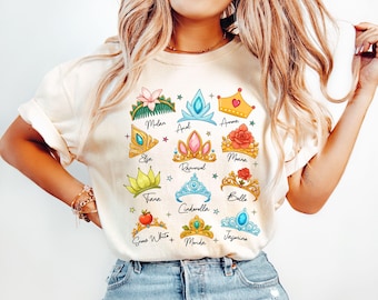 Camiseta retro con corona de princesa, camiseta de Blancanieves, Rapunzel, Ariel y Bella, camiseta de viaje de Disney para niñas, camiseta de vacaciones de princesas del Reino Mágico, camiseta de cumpleaños de Disney