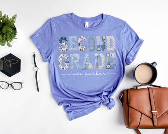 Custom Second Grade Teacher Shirt, 2nd Grade Matching Group T-Shirt, Floral Blue Faux Patchwork Educator Back to School