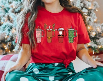 Christmas Thermos Coffee Shirt, Christmas Drinks Lights T-Shirt, Coffee Lover Santa Gift, Christmas Reindeer Coffee Tee, Gift For Christmas