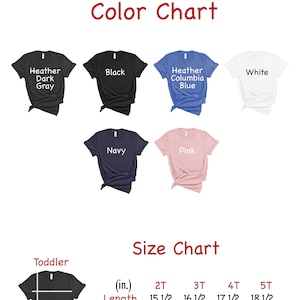 May include: A color chart for toddler t-shirts, displaying various colors including heather dark gray, black, heather columbia blue, white, navy, and pink. The size chart shows length and width measurements in inches for sizes 2T to 5T.