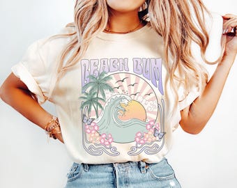 Trendy Beach Bum Summer Shirt, Gift For Her, Beach Waves Tee, Preppy T-Shirt, Retro Beach Happy Vibes T-shirt Summer Sunset Pastel Shirt