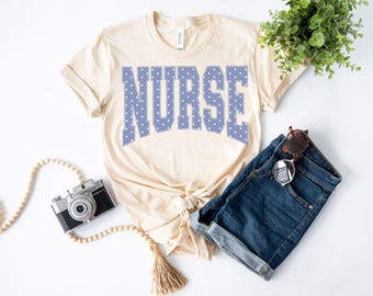 Nurse Shirt Blue Polka Dots Nurse Tee, Cottagecore Aesthetic Nurse T-Shirt, PICU Healthcare Worker Gift RN Nurse T-Shirt