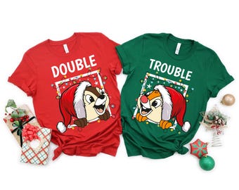 Double Trouble Chip N Dale Christmas Sweatshirt,Christmas Couples Matching T-Shirt,Disney Chip And Dale In Red Christmas Hat Tee,Disney Gift