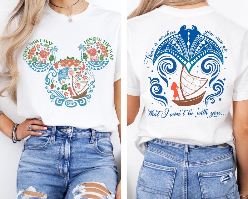 Puede incluir: Camiseta blanca con un dise&ntilde;o colorido inspirado en una popular pel&iacute;cula de animaci&oacute;n. La parte delantera muestra una forma de cabeza de Mickey Mouse con elementos florales y n&aacute;uticos, y el texto "COME WHAT MAY" y "I KNOW THE WAY". La parte trasera tiene un barco y el texto "There is nowhere you can go that I won't be with you..."