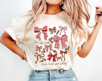 Christmas Coquette Bow Shirt, Holiday Shirt For Women, Deck The Halls Tee, Girly Christmas Shirt, Cute Xmas Gift For Girl, Coquette Bow Tee
