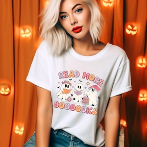 Halloween Ghost Shirt, Read More Books Spooky Teacher Shirt,Teacher Halloween Shirt,Spooky Teacher Tee,Retro Halloween Teacher Ghost Shirt