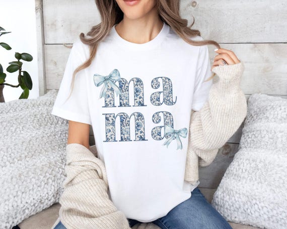 Coquette Bow Mama T-Shirt, Coquette Blue Bow Shirt, Floral Mama T-Shirt, Mother's Day Gift, Mama Shirt, New Mom Gift, Mom Gift, Grandma Gift