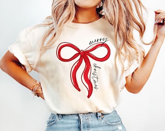 Sudadera navideña con lazo, sudadera festiva, camiseta navideña, sudadera navideña divertida, camiseta navideña con lazo rojo, camiseta navideña coqueta