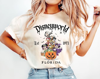 Retro Musse Pigg & Vänner med skyltar Halloween-tröja, Musse Piggs Inte Så Läskiga Halloween-fest-tröja, Halloween-festresa 2025-tröja, Halloween-present
