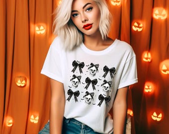 Halloween Skull Black Bow Sweatshirt, Retro Halloween Shirt, Halloween Women's Sweatshirt, Halloween Costume, Fall Sweater, Spooky Season