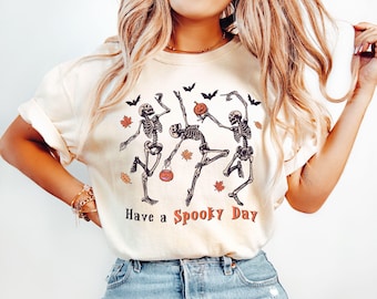 Halloween Dancing Skeleton Shirt, Have a Spooky Day Halloween Shirt, Pumpkin Skeleton Shirt, Retro Halloween Shirt, Vintage Halloween Gift