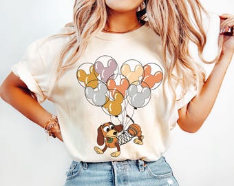 Maglietta Slinky Dog con palloncini di Topolino, maglietta Toy Story, regalo Disney per gli amanti dei cani, maglietta per le vacanze in famiglia a Disneyland, maglietta Disney Magic Kingdom
