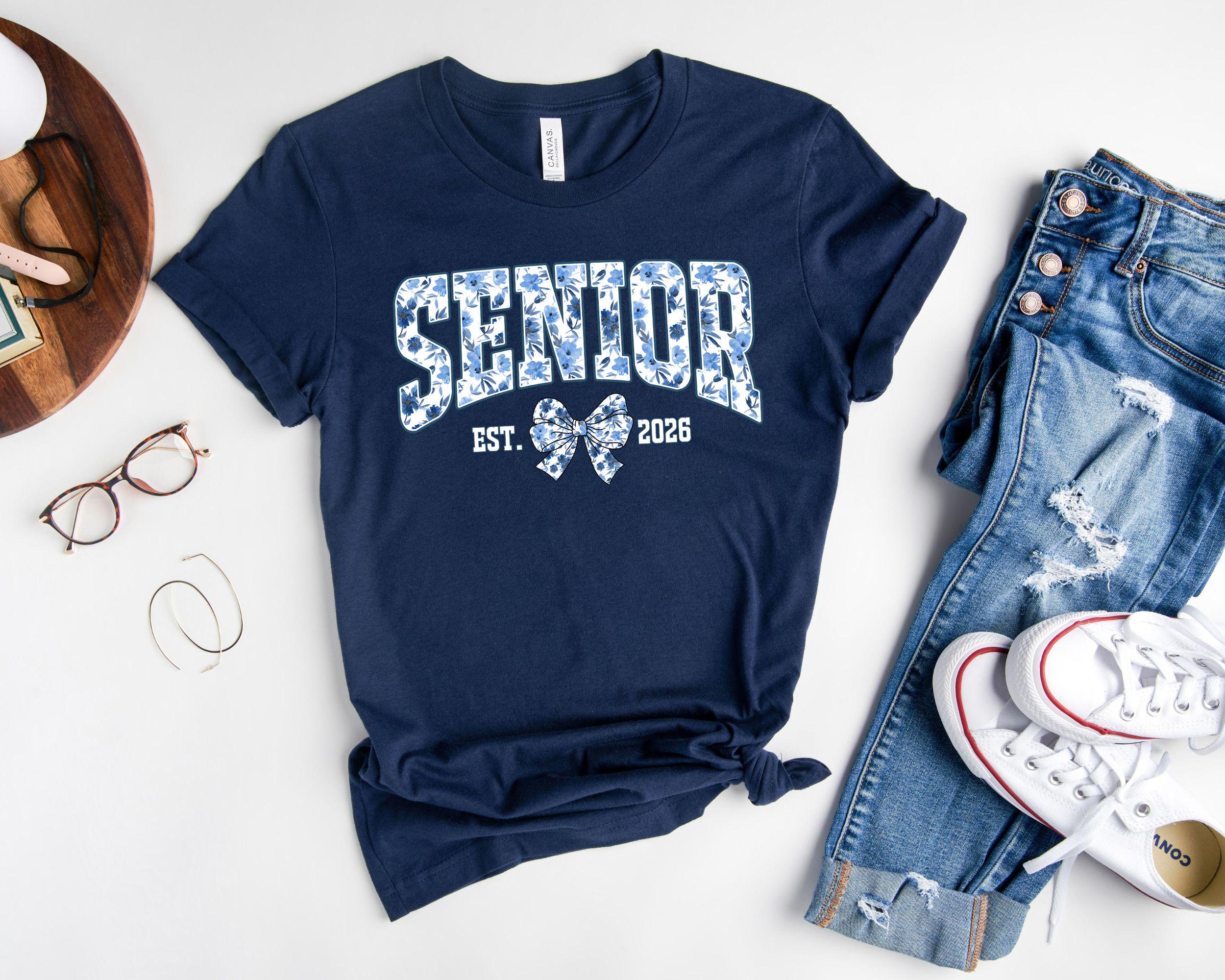 2026 Senior Shirt Floral Senior 2026 Gift Class of 2026 Senior Shirt Blue Bow 2026 Senior Coquette Shirt Toile De Jouy, Back to School Shirt