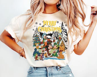 Koszulka z motywem świątecznym Myszki Miki i Przyjaciele w stylu vintage, bluza świąteczna Disney, wesoła impreza świąteczna Myszki Miki, świąteczna koszulka Disneyland