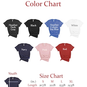 May include: A color chart for youth t-shirts, displaying various colors including black, white, navy, pink, and red. The chart also includes a size guide with measurements in inches for sizes S, M, L, and XL.