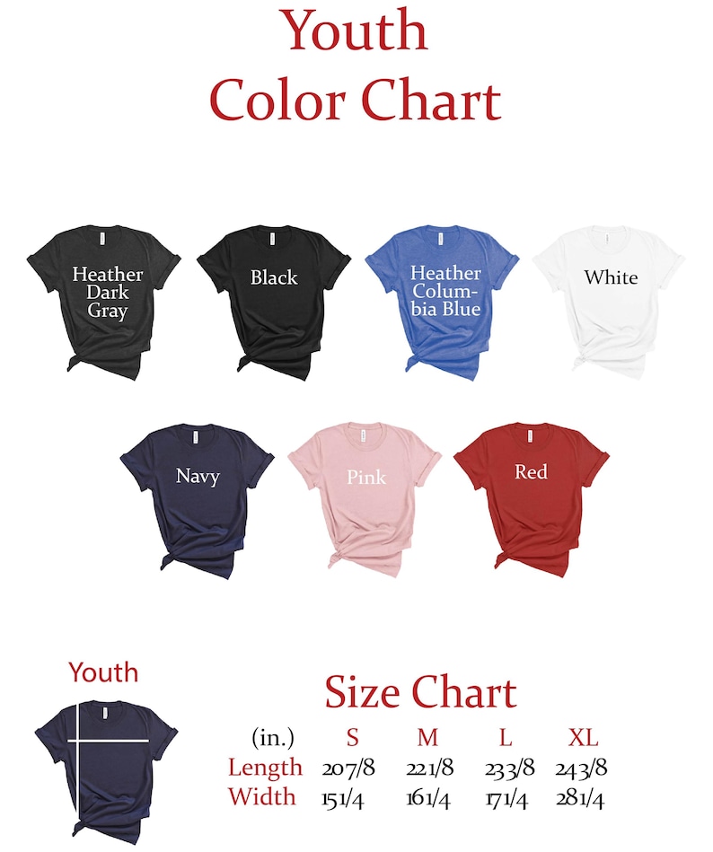 May include: A color chart for youth t-shirts, displaying various colors including black, white, navy, pink, and red. The chart also includes a size guide with measurements in inches for sizes S, M, L, and XL.