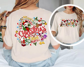 Camiseta de doble cara de la fiesta navideña de Mickey (20264), camiseta navideña de Disney con Mickey y sus amigos, camiseta navideña de Disneyland.
