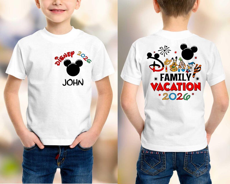 May include: White t-shirt with a colorful Disney design. The front features the text "Disney 2026" with a Mickey Mouse head and the name "JOHN". The back of the shirt says "Disney Family Vacation 2026" with Disney characters.