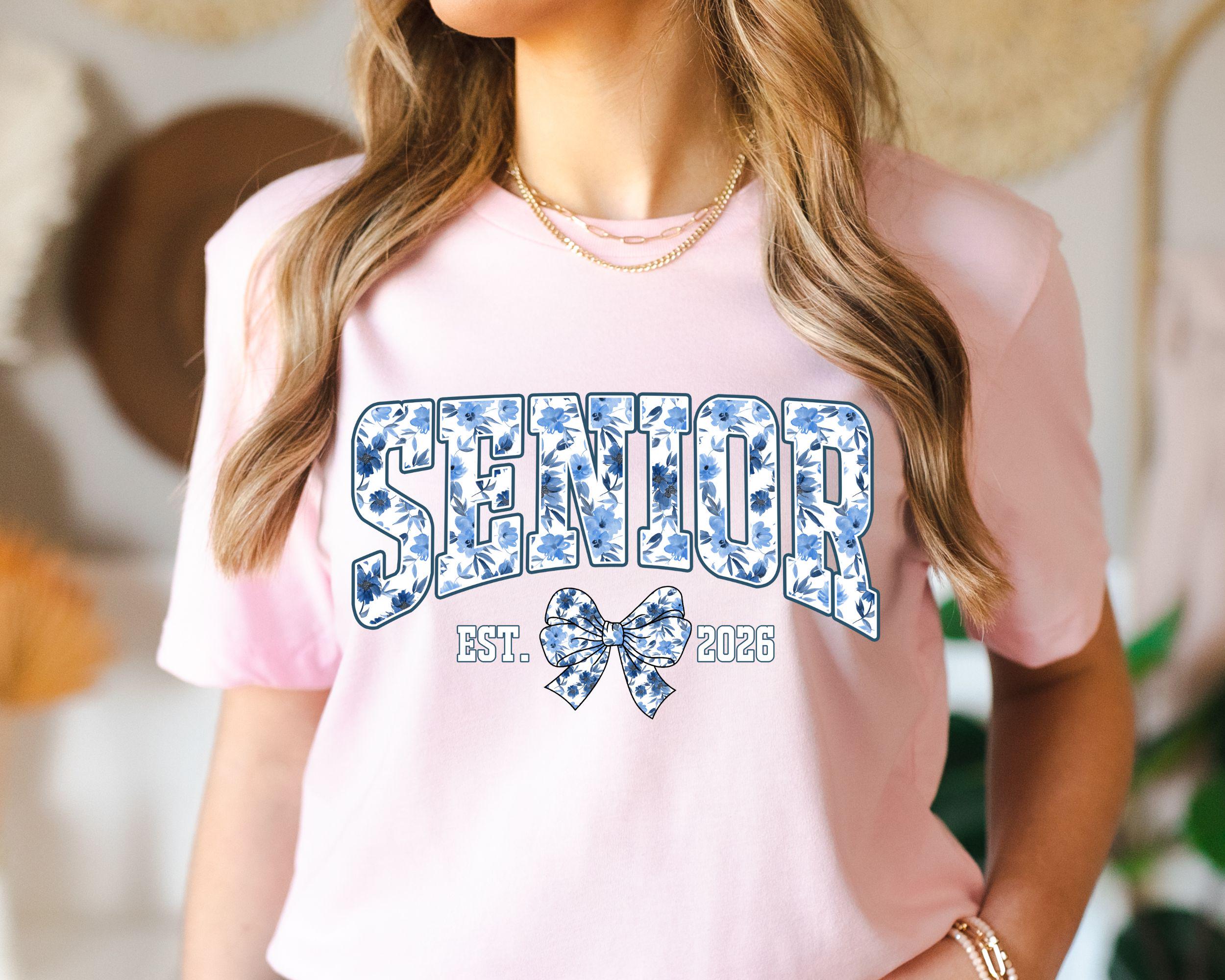 2026 Senior Shirt Floral Senior 2026 Gift Class of 2026 Senior Shirt Blue Bow 2026 Senior Coquette Shirt Toile De Jouy, Back to School Shirt