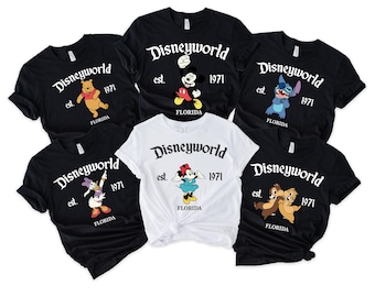 Retro Disneyworld Est 1971 Florida-skjorta, söt Musse Pigg och vänner-t-shirt, Disney-t-shirt med alla karaktärer, WDW Disneyland-födelsedagsmatchande skjortor