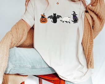ハロウィンシャツ、猫ハロウィンシャツ、ゴーストキャットシャツ、ハロウィンTシャツ、ハロウィンキャットシャツ、黒猫シャツ、不気味な季節、ハロウィンギフト