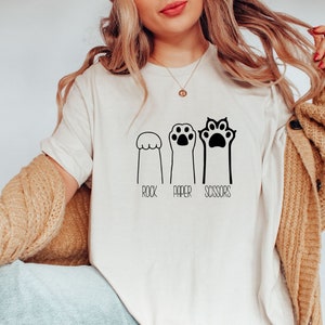 Stein Papier Schere Shirt, lustiges Katzenpfoten-Shirt, Unisex Rundhals-Shirt für Katzenliebhaber, Katzenbesitzer-Shirt, Katzenpfoten-Hemd, Geschenk für Katzenmama