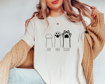 Stein Papier Schere Shirt, lustiges Katzenpfoten-Shirt, Unisex Rundhals-Shirt für Katzenliebhaber, Katzenbesitzer-Shirt, Katzenpfoten-Hemd, Geschenk für Katzenmama
