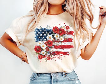 Koszulka z amerykańską flagą w kwiaty, Koszulka z okazji 4 lipca, Koszulka z okazji Dnia Niepodległości, Koszulka patriotyczna, Koszulka z flagą USA, Prezent dla niej, Koszulka z okazji wolności