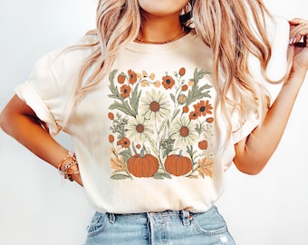Boho höstblommig skjorta, retro höstt-shirt, höstvibbar, pumpasäsong grafisk t-shirt, vintage höstpumpa estetisk skjorta, mormorspresent