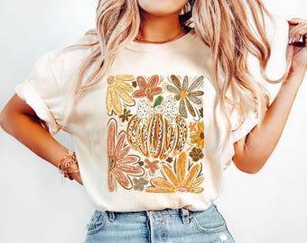 Herbst Blumen Kürbis Shirt, Boho Kürbis Coquette Shirt, Retro Herbst T-Shirt, Herbst Vibes Shirt, Kürbis Saison Grafik T-Shirt, Vintage Herbst Kürbis T-Shirt