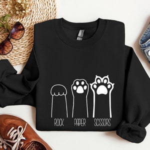 Schere Papier Sweatshirt, lustige Katze Pfoten Shirt, Unisex Rundhals Shirt für Katzenliebhaber, Katzenbesitzer Shirt, Katzenpfoten Shirts, Geschenk für Katzenmama
