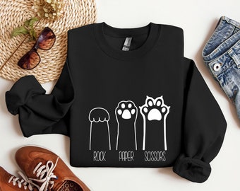 Schere Papier Sweatshirt, lustige Katze Pfoten Shirt, Unisex Rundhals Shirt für Katzenliebhaber, Katzenbesitzer Shirt, Katzenpfoten Shirts, Geschenk für Katzenmama