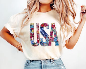 Vintage Floral USA Shirt, Patriotic Shirts, Independence Shirt, 4Th July For Women, 4Th Of July Flag, USA T-shirt, Floral American Flag